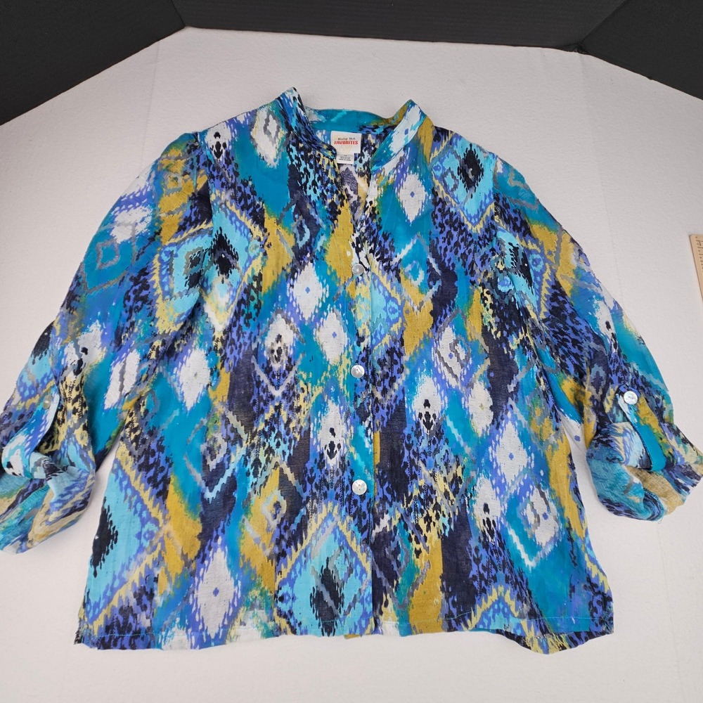 Ruby Rd Favorites Womens 12 Blue Yellow Ikat Geometric Boho Artsy Blouse Top